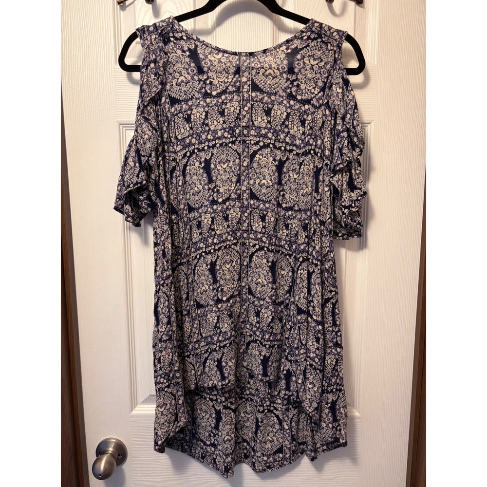 Angie Navy Blue Paisley Floral Cold Shoulder High Low Boho Top Large